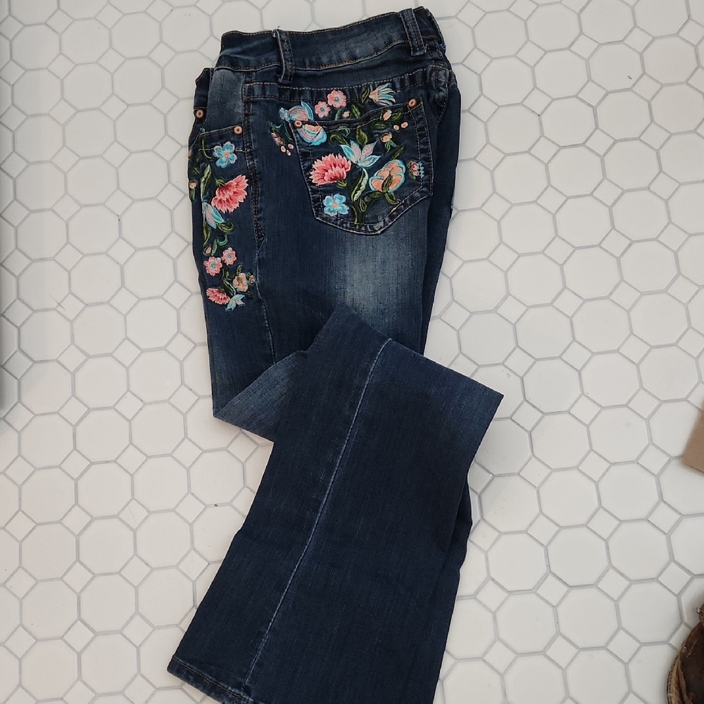 Grace in LA Blue Floral Embroidered Jeans